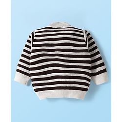 Babyhug Knitted Full Sleeves Striped Front Open Sweater Set With Cap & Booties - Brown & White