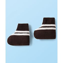 Babyhug Knitted Full Sleeves Striped Front Open Sweater Set With Cap & Booties - Brown & White