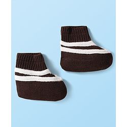 Babyhug Knitted Full Sleeves Striped Front Open Sweater Set With Cap & Booties - Brown & White