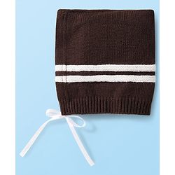 Babyhug Knitted Full Sleeves Striped Front Open Sweater Set With Cap & Booties - Brown & White