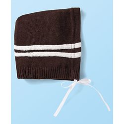Babyhug Knitted Full Sleeves Striped Front Open Sweater Set With Cap & Booties - Brown & White