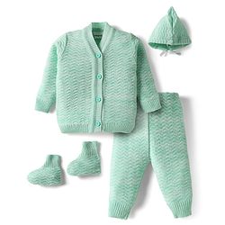 Babyhug Knit Full Sleeves Solid Color Front Open Sweater Set with Cap & Booties - Sea Green
