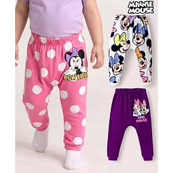 Babyhug Disney Interlock Knit Full Length Diaper Leggings With Minnie Mouse & Family Graphics Pack of 3 - White Pink & Purple