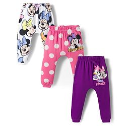 Babyhug Disney Interlock Knit Full Length Diaper Leggings With Minnie Mouse & Family Graphics Pack of 3 - White Pink & Purple