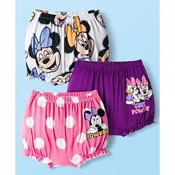 Babyhug Disney Single Jersey Knit Bloomers With Minnie Mouse & Family Print Pack of 3 - Pink Purple & White