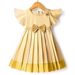 Babyhug South Cotton Woven Half Flutter Sleeves Pleated Ethnic Dress With Bow & Corsage - Off White