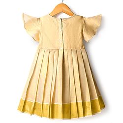 Babyhug South Cotton Woven Half Flutter Sleeves Pleated Ethnic Dress With Bow & Corsage - Off White