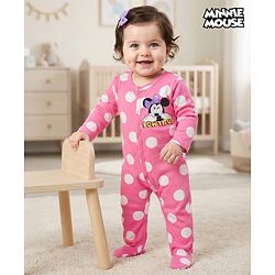 Babyhug Disney Interlock Knit Full Sleeves Footed Sleepsuit With Minnie Mouse & Family Print - Pink