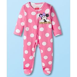 Babyhug Disney Interlock Knit Full Sleeves Footed Sleepsuit With Minnie Mouse & Family Print - Pink