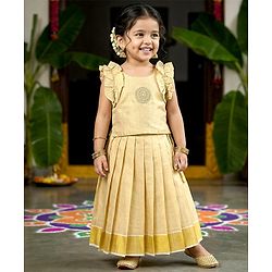 Babyhug South Cotton Woven Sleeveless Choli & Pleated Lehenga Set With Embroidery & Frill Detailing - Off-White