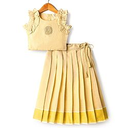 Babyhug South Cotton Woven Sleeveless Choli & Pleated Lehenga Set With Embroidery & Frill Detailing - Off-White