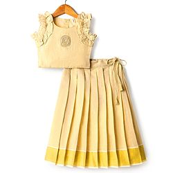 Babyhug South Cotton Woven Sleeveless Choli & Pleated Lehenga Set With Embroidery & Frill Detailing - Off-White