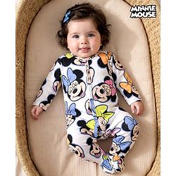 Babyhug Disney Interlock Knit Full Sleeves Sleepsuit With Minnie Mouse & Family - White
