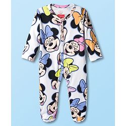 Babyhug Disney Interlock Knit Full Sleeves Sleepsuit With Minnie Mouse & Family - White