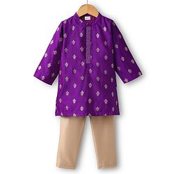 Babyhug Woven Full Sleeves Kurta Pajama Set with Floral Embroidery - Purple