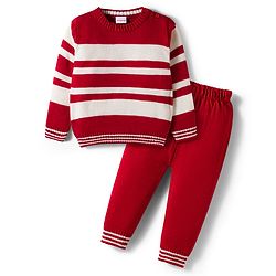 Babyhug Knit Full Sleeves Sweater Set With Stripes - Red