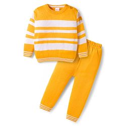 Babyhug Knitted Full Sleeves Striped Sweater Set - Yellow