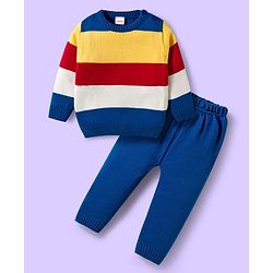 Babyhug Knitted Full Sleeves Sweater Set With Color Block Design - Multicolor