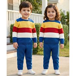 Babyhug Knitted Full Sleeves Sweater Set With Color Block Design - Multicolor