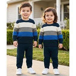 Babyhug Knit Full Sleeves Sweater Sets With Stripe Design - Navy Blue & Grey