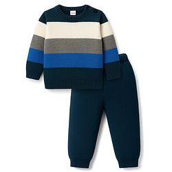Babyhug Knit Full Sleeves Sweater Sets With Stripe Design - Navy Blue & Grey