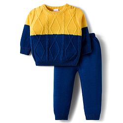 Babyhug Cotton Knit Full Sleeves Color Block Sweater Set - Yellow & Navy Blue