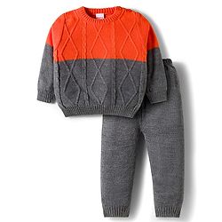 Babyhug Cotton Knit Full Sleeves Color Block Sweater Set - Orange & Grey