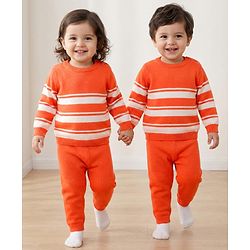 Babyhug Cotton Knit Full Sleeves Sweater Set With Stripes - Orange & White