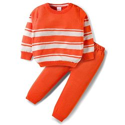 Babyhug Cotton Knit Full Sleeves Sweater Set With Stripes - Orange & White