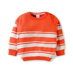 Babyhug Cotton Knit Full Sleeves Sweater Set With Stripes - Orange & White