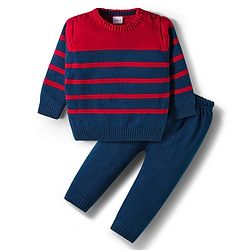 Babyhug Knit Full Sleeves Sweater Sets With Stripe Design - Navy Blue & Red