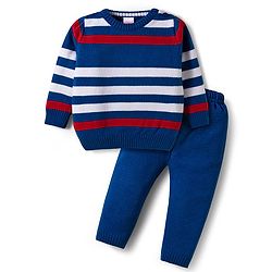 Babyhug Knit Full Sleeves Sweater Set with Stripe Design - Navy Blue