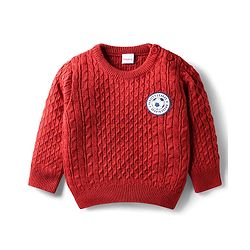 Babyhug Knit Full Sleeves Pullover Sweater with Cable Knit Design & Patch Detailing - Rust Orange