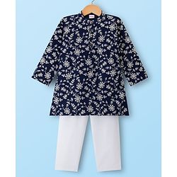 Babyhug Woven Full Sleeves Kurta Pajama Set With Floral Embroidery - Navy Blue