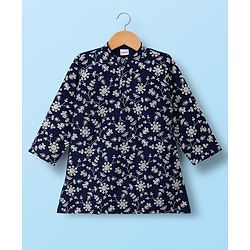 Babyhug Woven Full Sleeves Kurta Pajama Set With Floral Embroidery - Navy Blue