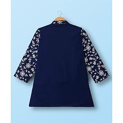 Babyhug Woven Full Sleeves Kurta Pajama Set With Floral Embroidery - Navy Blue