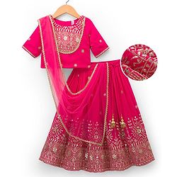 Babyhug Woven Half Sleeves Choli Lehenga Set with Dupatta Embroidery & Sequin Detailing - Dark Pink