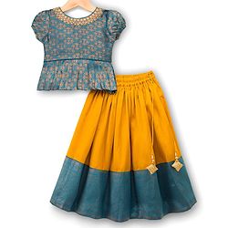 Babyhug Brocade Woven Half Sleeves Pattu Pavada Choli Lehenga Set With Floral Print - Yellow