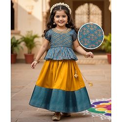 Babyhug Brocade Woven Half Sleeves Pattu Pavada Choli Lehenga Set With Floral Print - Yellow