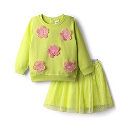 Babyhug Terry Knit Full Sleeves Top & Skirt Set with Floral Applique - Limegreen