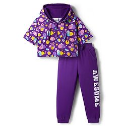 Babyhug Terry Knit Full Sleeves Hooded Top & Lounge Pant Set - Purple