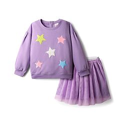 Babyhug Terry Knit Full Sleeves Tops and Skirt Set with Star Print - Purple