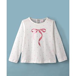 Babyhug Single Jersey Knit Full Sleeves Top and Mesh Skirt With Polka Dot & Bow Print - White & Pink