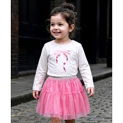 Babyhug Single Jersey Knit Full Sleeves Top and Mesh Skirt With Polka Dot & Bow Print - White & Pink