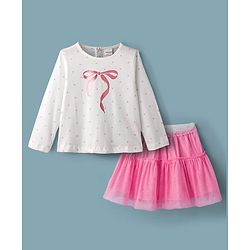 Babyhug Single Jersey Knit Full Sleeves Top and Mesh Skirt With Polka Dot & Bow Print - White & Pink
