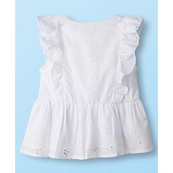 Babyhug Knit Schiffli Sleeveless Top and Terry Lounge Pant Set with Front Buttons & Frill Detailing - Pink & White