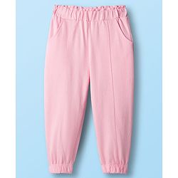 Babyhug Knit Schiffli Sleeveless Top and Terry Lounge Pant Set with Front Buttons & Frill Detailing - Pink & White
