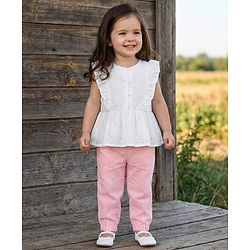 Babyhug Knit Schiffli Sleeveless Top and Terry Lounge Pant Set with Front Buttons & Frill Detailing - Pink & White