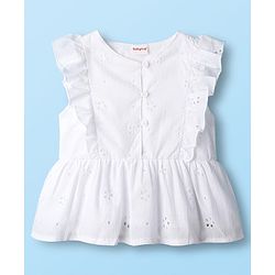 Babyhug Knit Schiffli Sleeveless Top and Terry Lounge Pant Set with Front Buttons & Frill Detailing - Pink & White