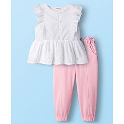 Babyhug Knit Schiffli Sleeveless Top and Terry Lounge Pant Set with Front Buttons & Frill Detailing - Pink & White